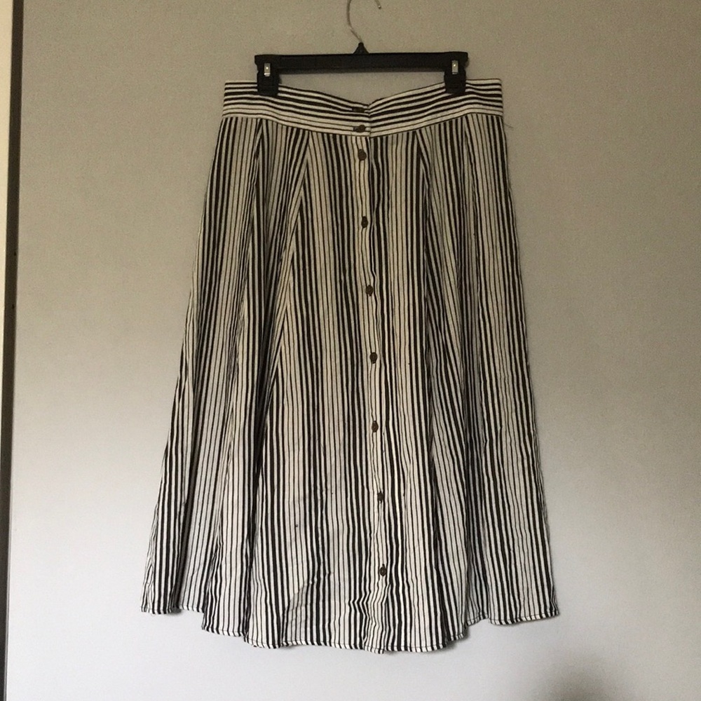 Midi length (mid shin) black and white striped skirt with brown buttons— Target